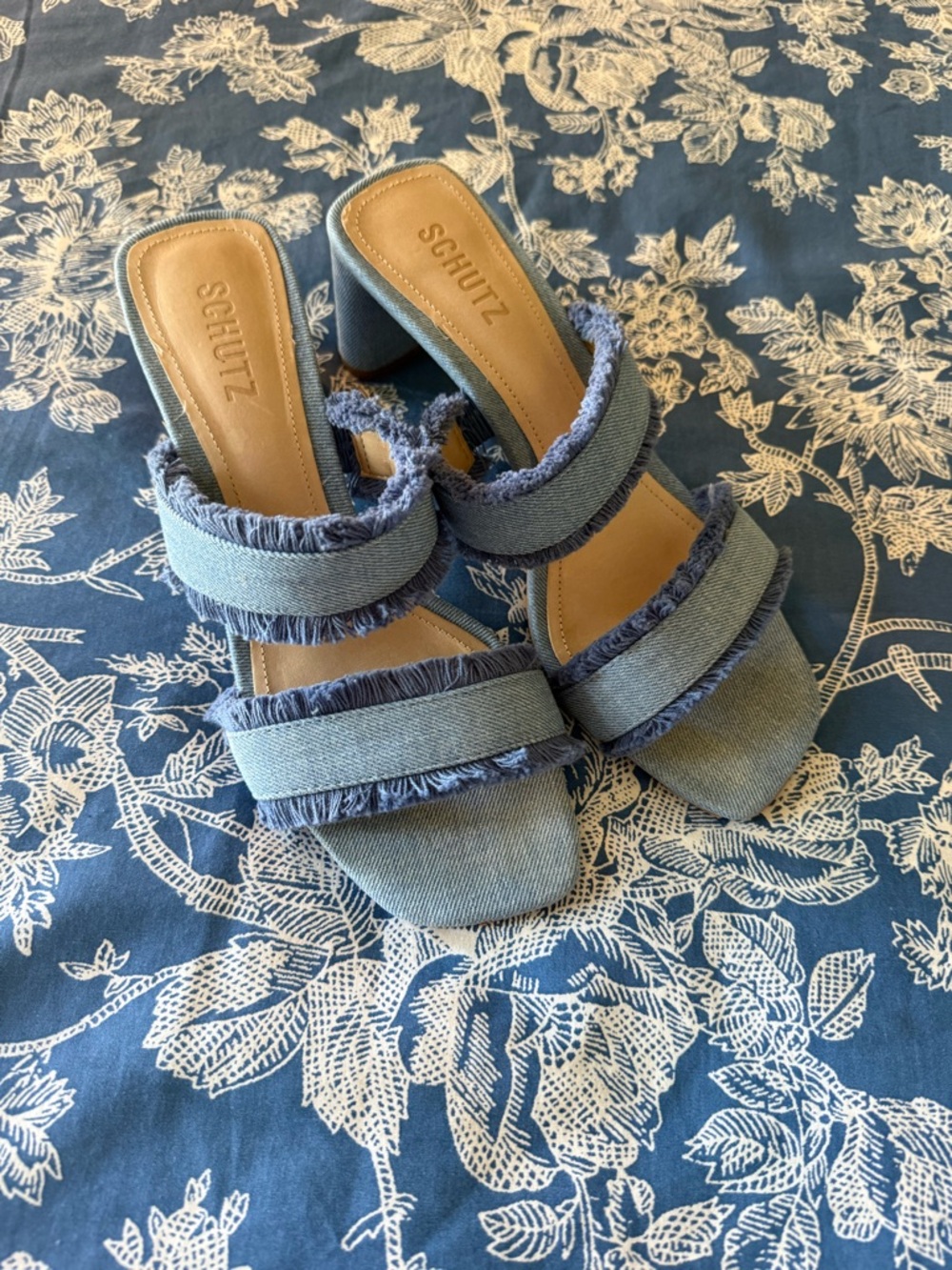 SCHUTZ Light Blue Denim Fringe Strap Block Heel Mules
